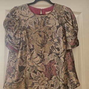 Anthropologie Metallic Floral Puff-Sleeve Top in Gold and Pink